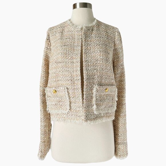 Ramy Brook Diaz Tweed Jacket Beige Fringe Pocket Detail Size 4 - Picture 10 of 10